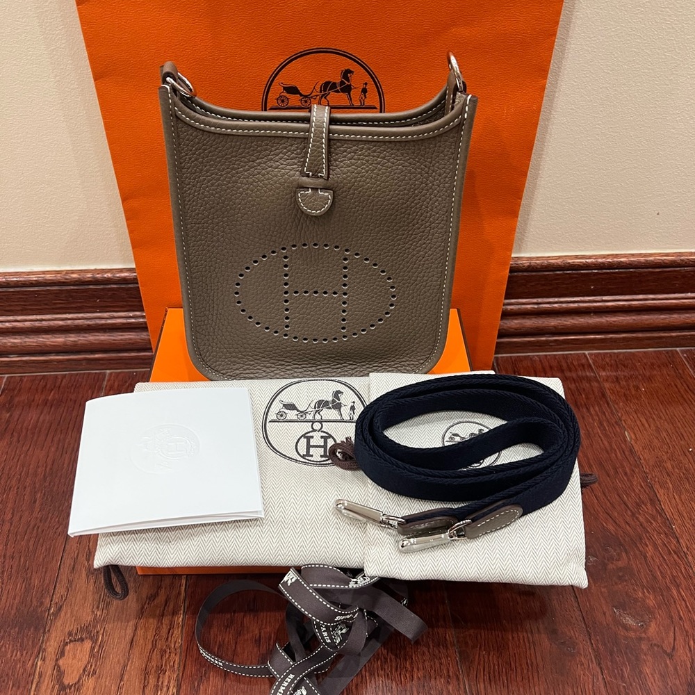 NEW HERMES Mini Evelyne TPM Bag Etoupe w/ Blue Indigo Strap Palladinum Hardware